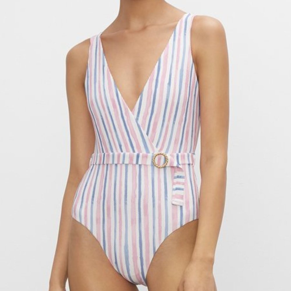 NWT Onia Michelle Striped Belted One-Piece Swimsuit